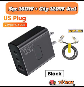 Cốc sạc - Củ sạc nhanh 160W màu Đen chân vuông  3 cổng ra USB-2type C TẶNG Cáp sạc nhanh 120w 4in1 tiện dụng cho tất cả Điện thoại