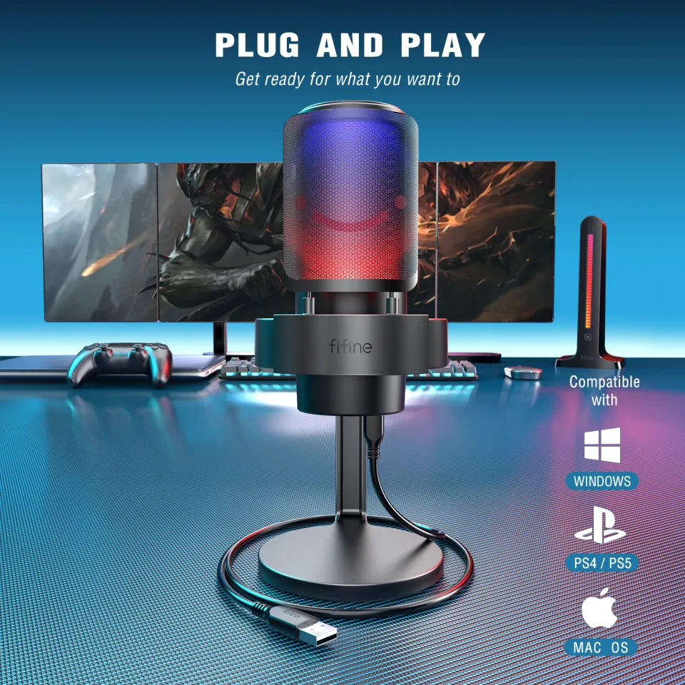 Gaming PC Microphone, FIFINE AmpliGame USB Desktop Condenser RGB Control Mic  for Recording Streaming Podcasts  on Mac/Computer/PS4/PS5, with Mute  Button, Mic Gain, Headphone Jack, Monitoring-A8 