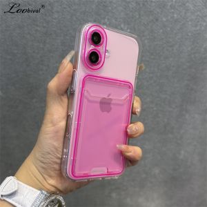 Transparent Card Holder Slot Case for iPhone 16 15 14 Pro Max Plus 11 12 13 Wallet Candy Color Contrast Clear Soft TPU Cover
