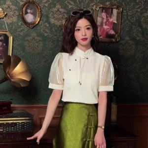 AMMIN 2024ลูกไม้ลายฉลุแฟชั่นชุดวินเทจถาดสำหรับใส่สวยงามแขนสั้นดีไซน์เสื้อชีฟองหญิงเสื้อเบลาส์คลาสสิกหรูหราสำหรับฤดูร้อน