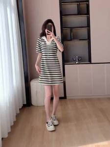 Ammin 2024 mùa hè đơn giản hải quân cổ áo ren-up thiết kế phong cách màu đen và sọc trắng cotton ăn mặc thanh lịch giữa dài tay ngắn giản dị của phụ nữ