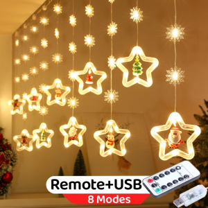 LED Star Elks Curtain String Fairy Lights 8 Mode Warm Multicolor For Party Hari Raya Decoration Garden Light