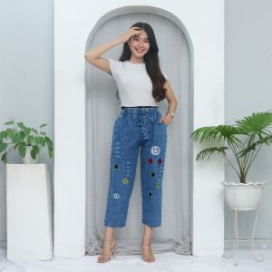 Celana jeans wanita bordir hitam dan biru