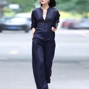 Women Summer Thin Loose Set Fashion Summer New Chinese Two Piece Top Slim Bottom Wide Leg Pants Set