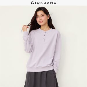 GIORDANO Women Sweatshirts 100% Cotton Henley Neck Sweatshrits Raglan Sleeve Fashionable Casual Loose Sweatshirts 13326642