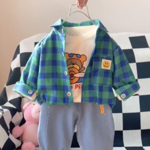 kyiibaby New baby spring and autumn fashionable western style shirt plaid three-piece set infants kybb033
