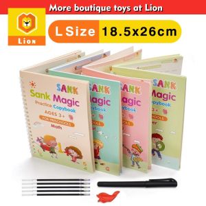 Lion Toy Store [ 4 Books + 1 Pen + 5 Refill ] English Lettering Education Toy Kids English Lettering Education Toy Preschool Children English Word Magic Waterproof Practice Book Free Wiping Writing Sticker English Practice Copybook For Calligraphy Writing