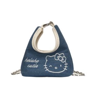 ANGY  แบบพกพา กระเป๋าโซ่ยีนส์คิตตี้ ใช้งานได้สองทาง การ์ตูน กระเป๋าถือขนาดเล็ก กระเป๋าเก็บของ กระเป๋าเล็ก กระเป๋าสะพายไหล่ KT Cat ผู้หญิง