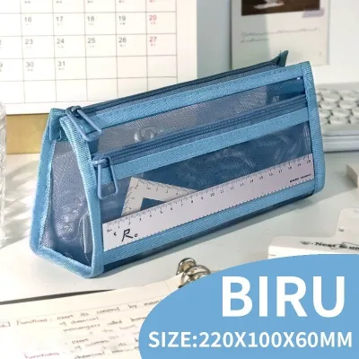 Kotak Pensil Transparant Portabel Tempat Pensil Jaring Resleting Stationery / Tempat Pensil Transparan Simple Transparan