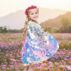 MINUTE Birthday Party Dress Up Mermaid Sequin Cape Gift Dress Prop Sequined Clothes Cute Princess Role Play Cape Girls