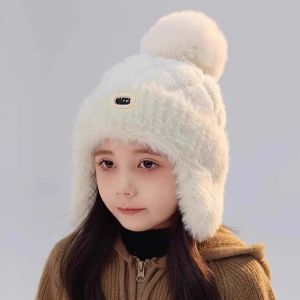 NHG Double Pompon Kids Winter Hat Solid Color Thick Yarn Toddler Earflap Beanie Warm Thermal Beanie Acrylic Fibers Children Knitted Cap Baby Boys