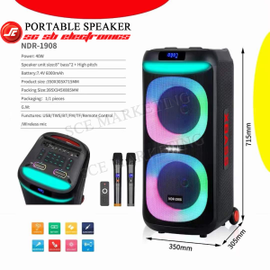 NDR-1908 40W DUAL 8-INCH HIGH POWER PORTABLE BLUETOOTH SPEAKER WITH LED LIGHT WIRELESS MICROPHONE