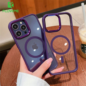 FLOVEME Plating Magnetic Phone Case For iPhone 14 13 12 Pro Max 14 Plus Metal Lens Frame Transparent Wireless Charging Back Cover For iPhone 14 13 12