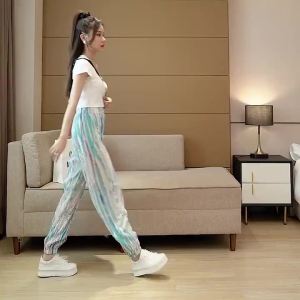Drawstring Lantern Pants Tie-Dye Pants Ice Silk Bandage Thin Pants Loose High Waist Rainbow Color Casual Sports