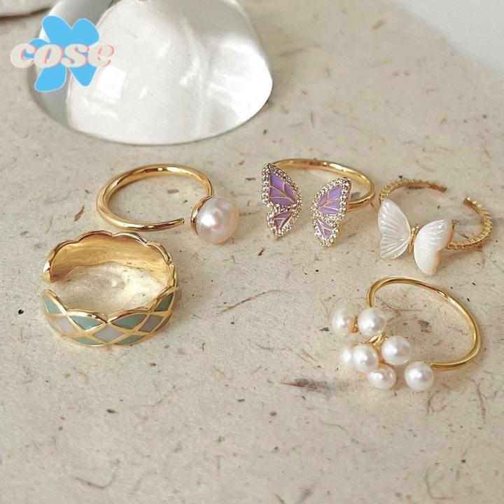 COSE Personality Niche Geometric Alloy Drip Oil Pearl Open Rings ...