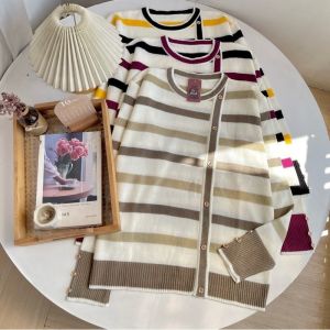 Delima Sweater Rajut Wanita Knitwear Motif Stripe List Full Kancing
