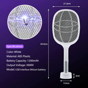 2 in 1 Electric Mosquito Racket Fly Swatter 53cm Length USB Rechargeable Summer Home Fly Mosquito Racket Trap Safe Electric Shock Mosquito Lamp