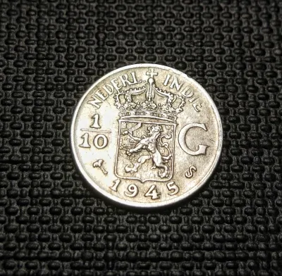 Netherlands East Indies Old Silver Coin 1/10 Gulden Year 1945