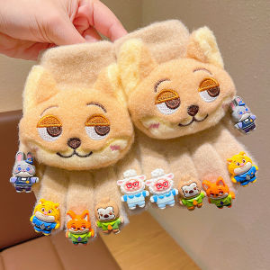 Children Rabbit Police Officer Manicure Cartoon Gloves Little Girl Winter Full Finger Gloves Fleece Lining Thickened Windproof Warm Male