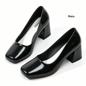Trending New Womens Square Toe Black Leather Shoes 3CM Non Slip Waterproof Easy Wear Breathable Office Student Daily Wear Shoes 088523