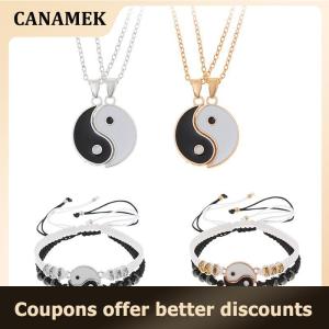 【 CANAMEK 】 2Pcs Tai Chi Yin Yang Couple Bracelets Necklaces Set Pendant Adjustable Braid Chain Bracelet Matching Lover Bracelets Choker