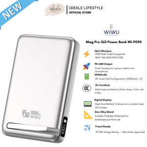WiWU Mag Pro Qi2 Magnetic Power Bank 10000mAh | 25W Wireless Fast Charge | 45W PD Type-C Output for Laptops & Tablets | 3C Certified Magnetic Battery Pack with Hidden Kickstand & Digital Display (Wi-P090)