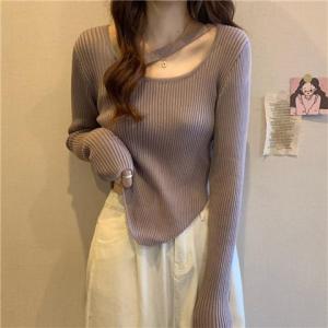 Blouse T-Shirt Top French Irregular Pure Desire Knitting Bottoming Shirt Womens Spring And Autumn Wear A Sense Of Design Niche Chic Short Collarbone Top