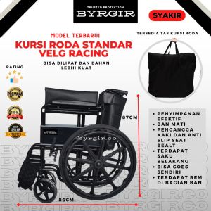 BYRGIR Kursi Roda Standar Lipat Travel Traveling Lansia Anti Air Foldable Wheel Chair Rumah Sakit Medis Ban Mati KARGO INSTAN CAR