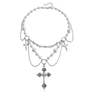 Gothic Cross Rosary Necklace Handmade Pearl Beaded Necklace Punk Layered Necklace Fashion Gift for Women Girls