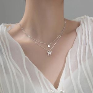 Shiny Zircon Butterfly Double Layer Necklace Sweet Elegant Clavicle Chain for Women Wedding Party Jewelry Gifts