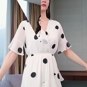 FunsLane Women Midi Dress V-neck Polka Dot High Waist Irregular Short Ruffle Sleeves Summer Dress
