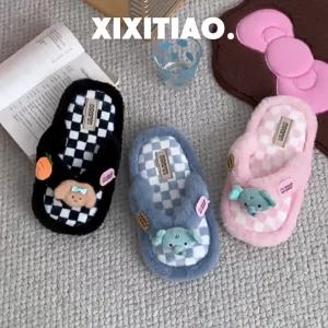 XIXITIAO Autumn and Winter ins Comfortable Indoor and Outdoor Clip-Toe Furry Flip-Flops Soft Cute Little Elephant Puppy Warm Cotton Slippers for Women