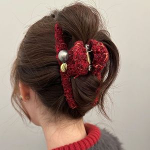 【Ship from KLReady Stock】CNY_Exquisite Pearl Hair Claw New Large Size Shark Clip New Year Red Plush Hair Clip Back-of-Head Clip ship from KL