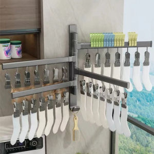 【Ready Stock】Wall Mounted Folding Sock Rack With Multiple Clips Rotatable Clothes Sock Underwear Drying Hanger Organizer For Balcony Bathroom