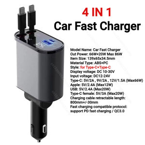 EKLEVA 4 IN 1 Retractable Car Charger USB Type C Cable For IPhone Samsung QC3.0 Fast Charge Cord Charger Lighter Adapter