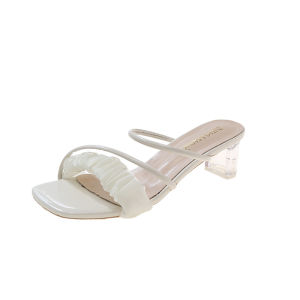 TOP TREND PH Womens Cream Square Toe Heeled Sandals Clear Block Heel Mules