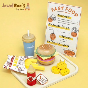 JewelRaes Kabi Wooden Burger Set for Kids with Cola Drink French Fries & Condiments Play Food Toy