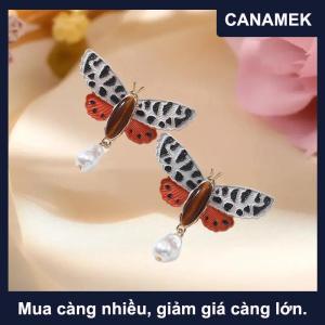 【CANAMEK】 Phóng đại mùa thu báo in bướm giả ngọc trai mặt dây chuyền bông tai bohemian Retro của phụ nữ Bông tai đồ trang sức quà tặng