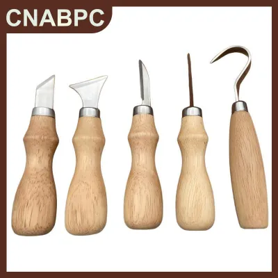 CNABPC Bộ 5 dụng cụ chạm khắc gỗ cán gỗ sồi dao cong dành cho nghệ thuật thủ công dụng cụ chạm khắc gỗ bằng tay sắc bén tiện mang theo màu gỗ tự nhiên