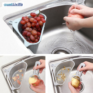 JustLiving Plastic Sink Drain Basket Kitchen Organizer Container Hanging Kitchen Sink Drain Sponge Brush Soap Holder Storage Basket Organizer Bag Rack