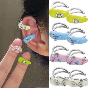 SHUNAICHI 4pcs แฟชั่น Y2K สีสันวางเคลือบไม่มีหูเจาะต่างหูหวาน Zircon Hoop EAR CLIP ต่างหูผู้หญิงเครื่องประดับ