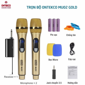 Micro Mu02 ontekco hát karaoke không dây siêu hay kèm cục thu hai tay mic dây sạc type c màn hình led hiển thị tần số trên tay mic