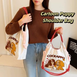 THREADJOY ไนลอน กระเป๋าถือปักลายลูกบอลและโซ่ กระเป๋าแม่ ความจุขนาดใหญ่ กระเป๋าโท้ตแบบมีเชือก แบบพกพา ถุงเก็บของ กระเป๋าสะพายลายการ์ตูนลูกสุนัข สำหรับทุกเพศ