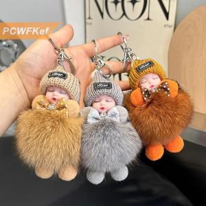 【PCWFKef】 Ngủ bé Keychain dễ thương mềm Fluffy búp bê sang trọng vòng chìa khóa phụ nữ cô gái túi Mặt dây chuyền Ba lô phụ kiện Quà Tặng