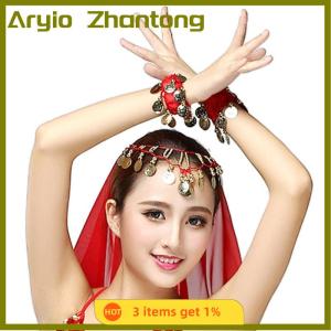 Aryio 1ชิ้นกำไลข้อมือโลหะสำหรับเต้นระบำหน้าท้องกำไลข้อมือข้อเท้ากำไลข้อมือผ้าชีฟองสีทองอุปกรณ์เต้นหน้าท้อง