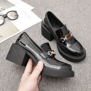 [JSJK]korean Square heel black shoes for women Mary Jane black leather shoes 6cm height  school#8988