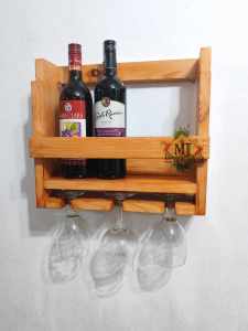 Wine Rack | Wall Mounted Rack 3-4 Wine bottles with glasses 13"x15"
