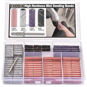 HAOZHER Nail Drill BitsSanding Bands 135Pcs 4 Size 80 # 120 # 180 # 240 # High-hardness Coarse Fine Grit File Small Sanding Bands for Nail Drill Nail Tech with 3.1mm Mandrel Bit for Gel Tips Removing