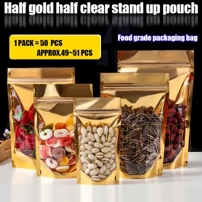 50PCS Half Gold Aluminum Half Clear Stand Up Pouch with Zip Lock Packaging Plastic Sealing Bag Ziplock Pouch Resealable Clear Front Resealable Plastic ziplock bag sealed bag doggie bag Food seal pocket Coffee bag pouch