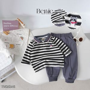 Set bộ polo tay dài kẻ ngang họa tiết thêu cáo nhỏ kèm quần dài bé trai 1 đến 7 tuổi BERNIE T0625B46
